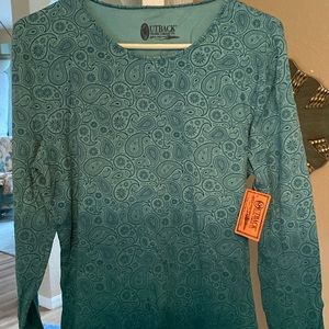 Ombré teal long sleeve top, paisley pattern